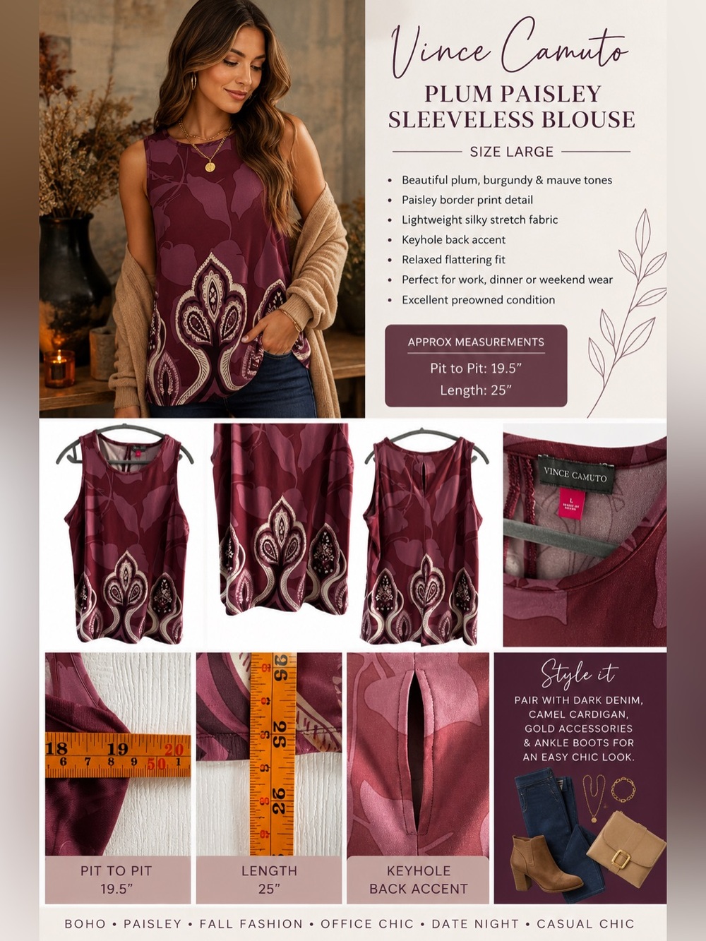 Vince Camuto Plum Paisley Sleeveless Blouse Tank Top SZ Large Boho Fall Fashion